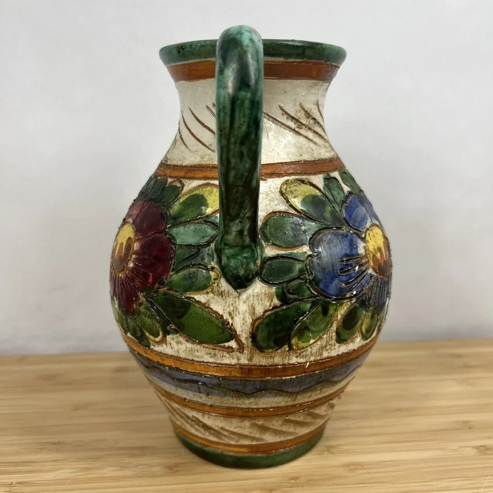 Vintage Italian Majolica Pottery Pitcher Floral Relief Vase Made In Italy VR/366